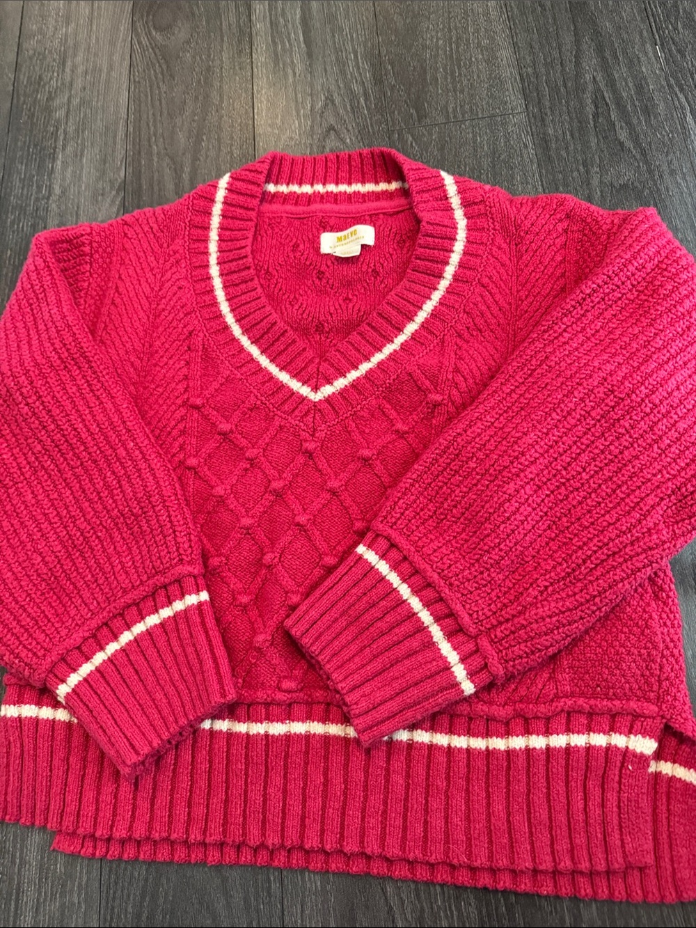 Anthropologie Maeve Cable-Knit V-Neck Sweater in Raspberry with Contrast Trim